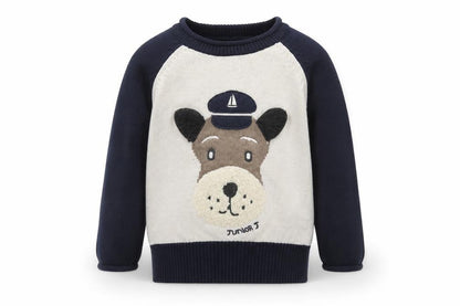 Front view of Junior J unisex baby blue animal jumper 12-18 months