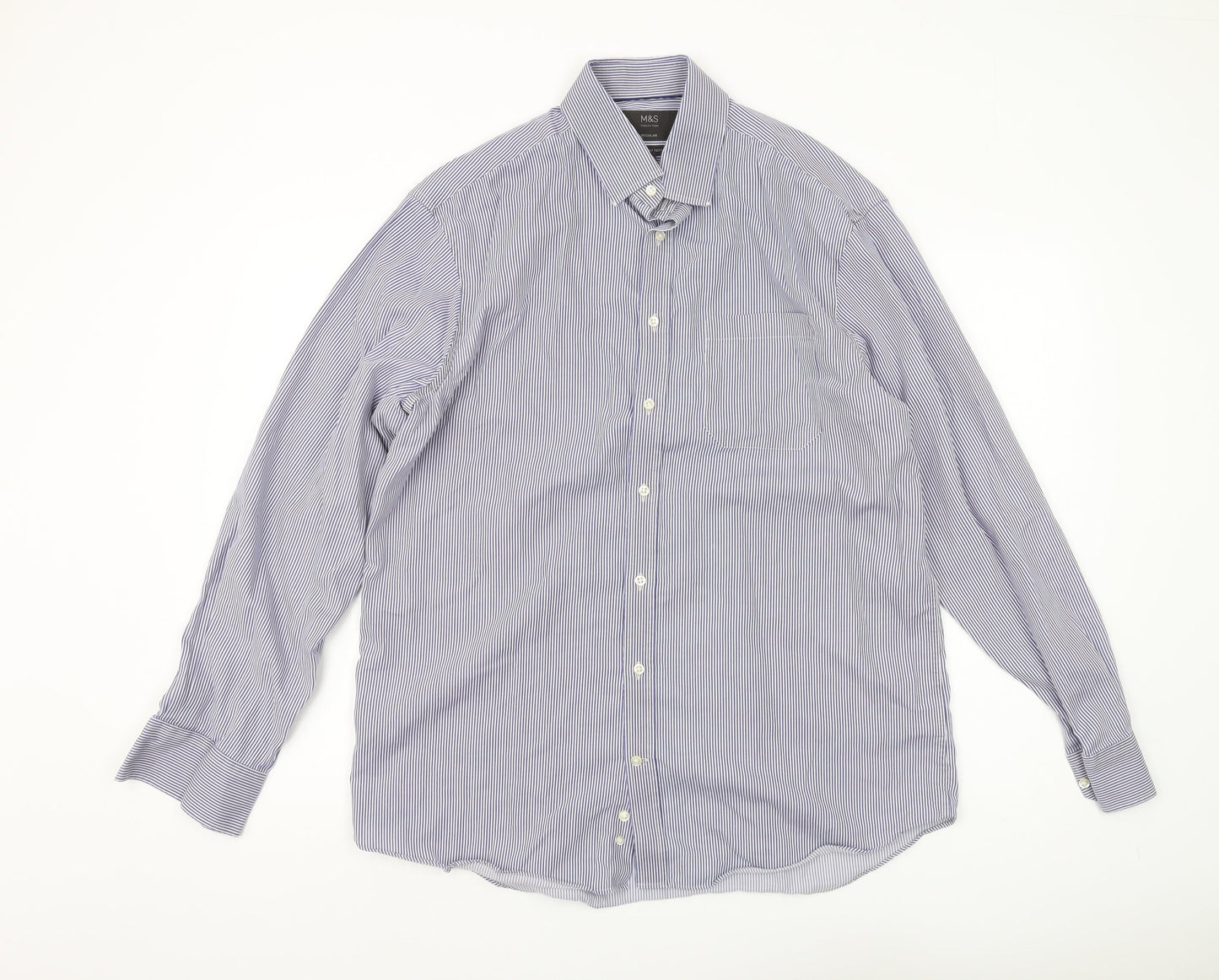Marks and Spencer Men's Blue Striped Regular Fit Shirt 42