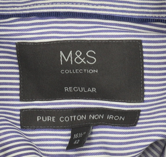 Marks and Spencer Men's Blue Striped Regular Fit Shirt 42