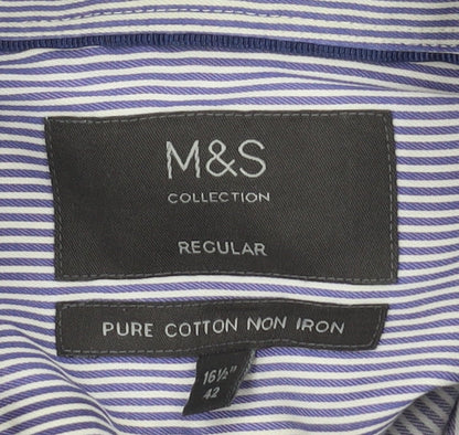 Marks and Spencer Men's Blue Striped Regular Fit Shirt 42