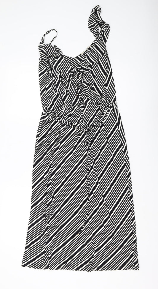 Oasis Women’s L Black Striped Dress, Ruffle Detail