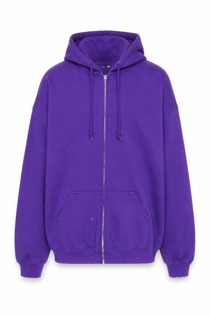 Front view of Gildan unisex purple full zip graphic hoodie l
