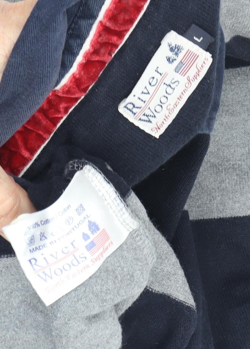 River Woods Men's Grey Black Striped Rugby Polo L