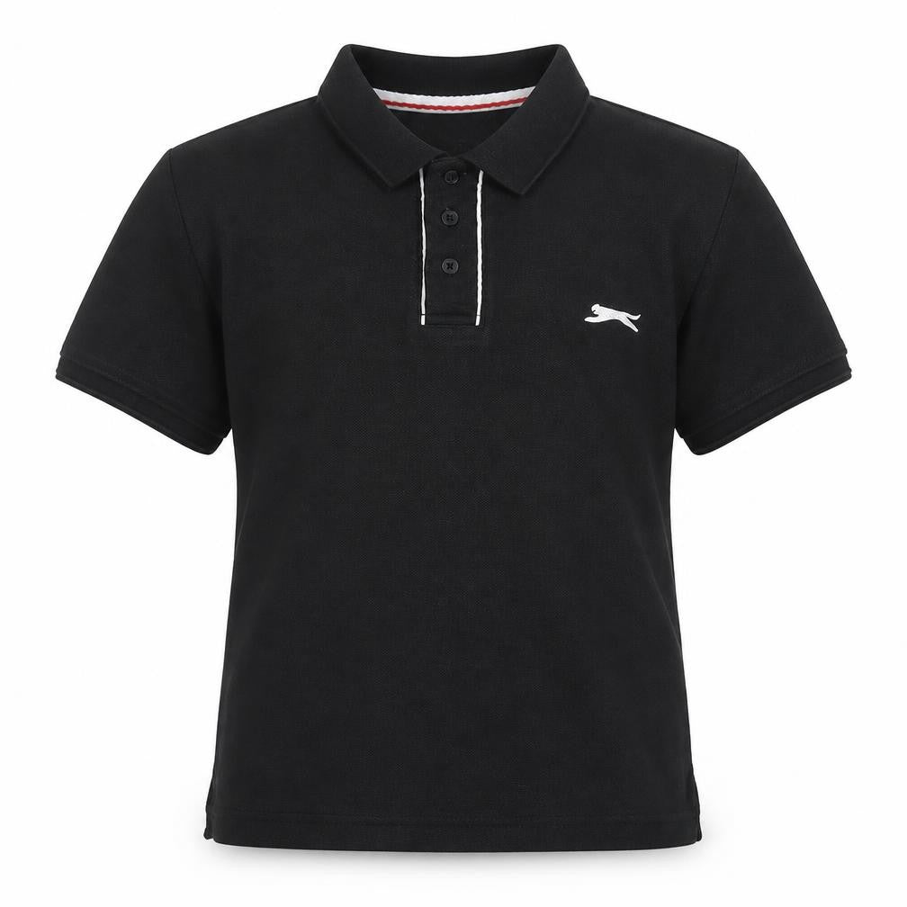 Front view of Slazenger girls’ black polo shirt, size 9-10, years, logo accents