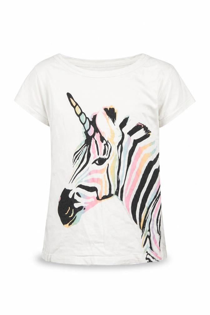 Front view of Gap girls’ unicorn t-shirt, white multicoloured, size L
