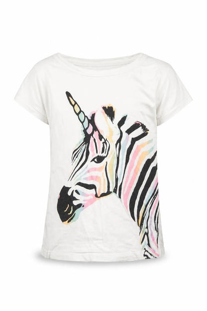 Front view of Gap girls’ unicorn t-shirt, white multicoloured, size L