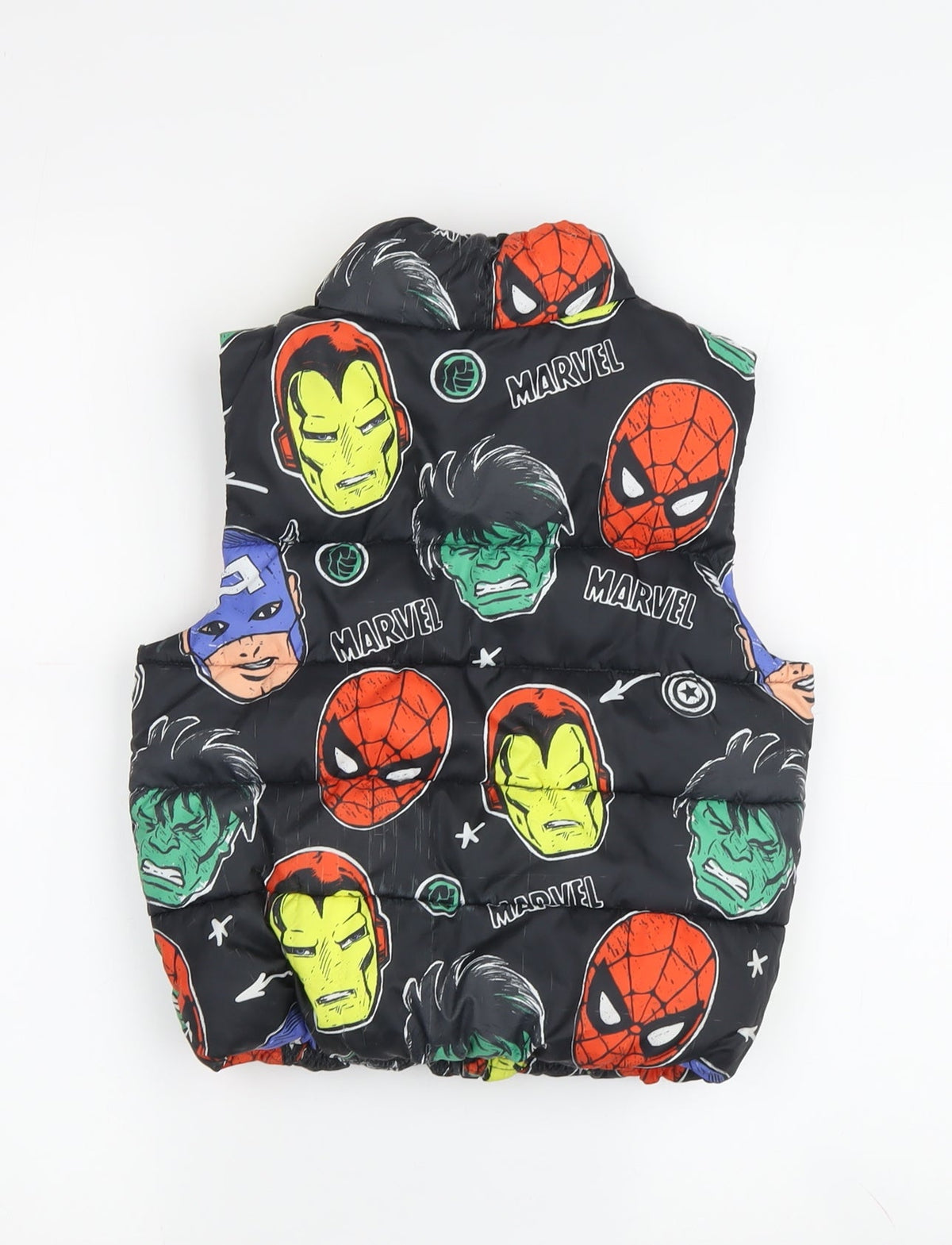Brand and care label for Marvel boys’ black puffer jacket 10-11 years superhero print