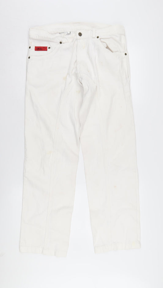 Front view of Loco unisex white denim jeans, size 34, with logo