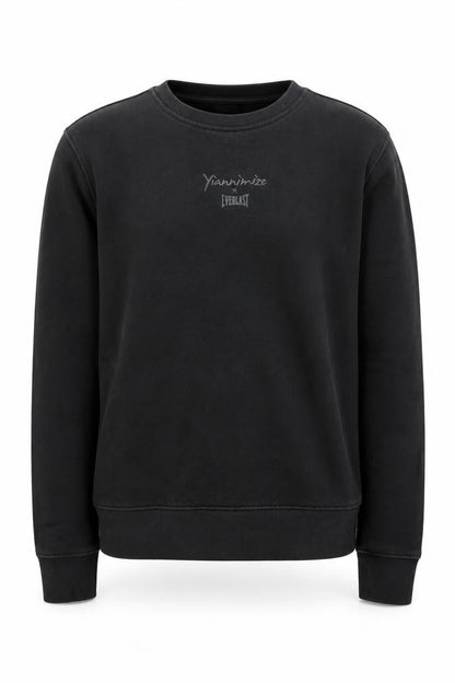 Front view of Yiannimize x Everlast unisex black s pullover sweatshirt
