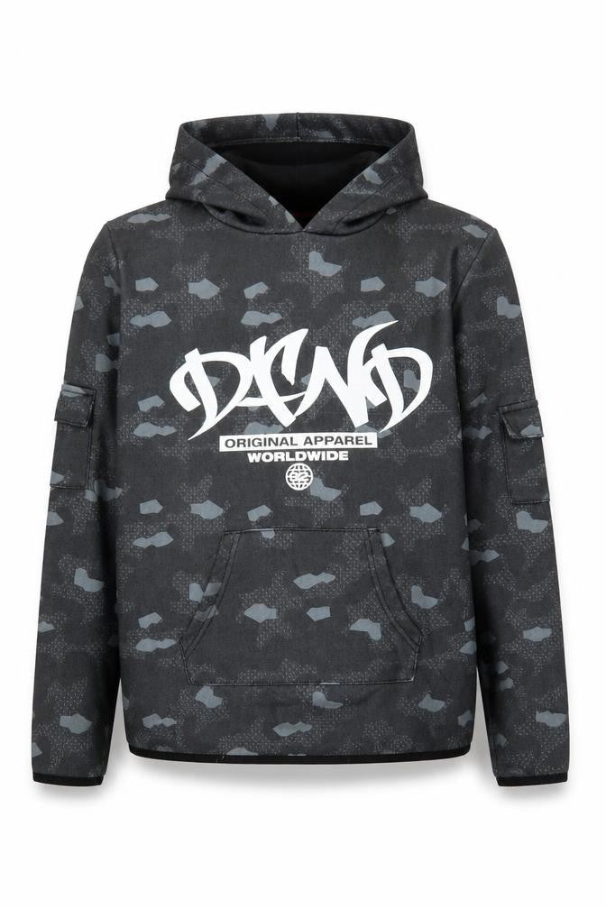 Front view of DFND boys’' black camouflage logo hoodie 11-12 years