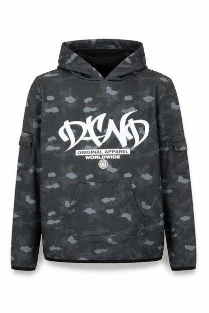 Front view of DFND boys’' black camouflage logo hoodie 11-12 years