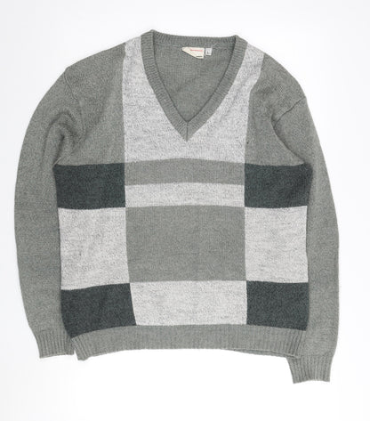 Tootal Men's Grey Check V-Neck Pullover Jumper - L