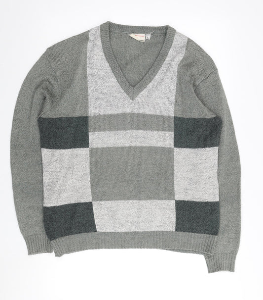 Tootal Men's Grey Check V-Neck Pullover Jumper - L