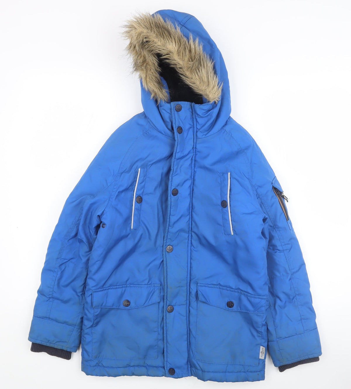 Front view of Next boys’ blue puffer jacket, 10 years, winter ready