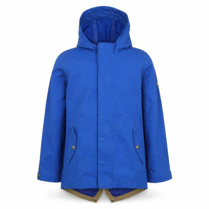 Front view of Joules boys’ blue hooded jacket, size 12, lightweight