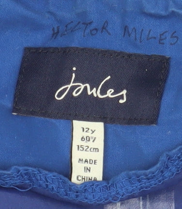 Brand and care label for Joules boys’ blue hooded jacket, size 12, lightweight