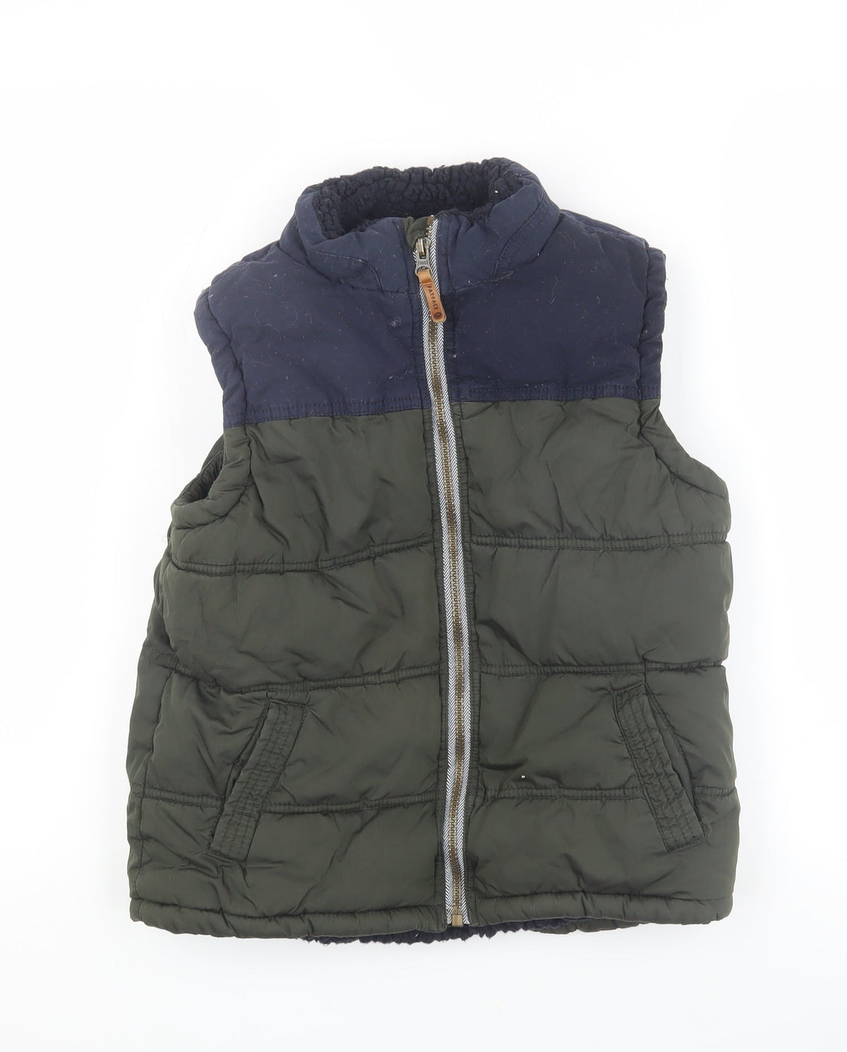 Front view of FatFace boys’ green & blue puffer jacket 11 years