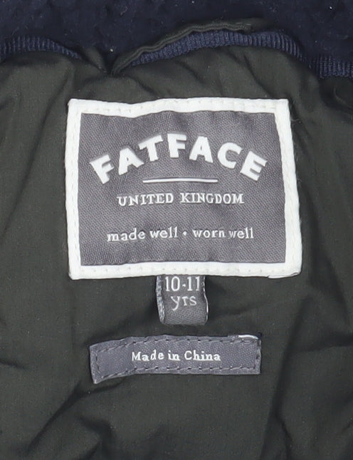 Close-up detail of FatFace boys’ green & blue puffer jacket 11 years