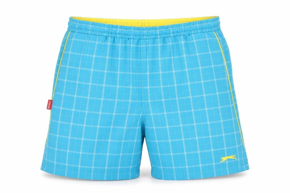 Front view of Slazenger boys’ blue check swim shorts, 9-10 years