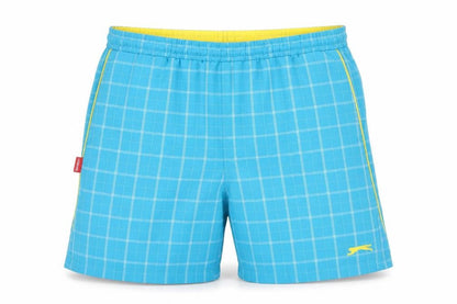 Front view of Slazenger boys’ blue check swim shorts, 9-10 years