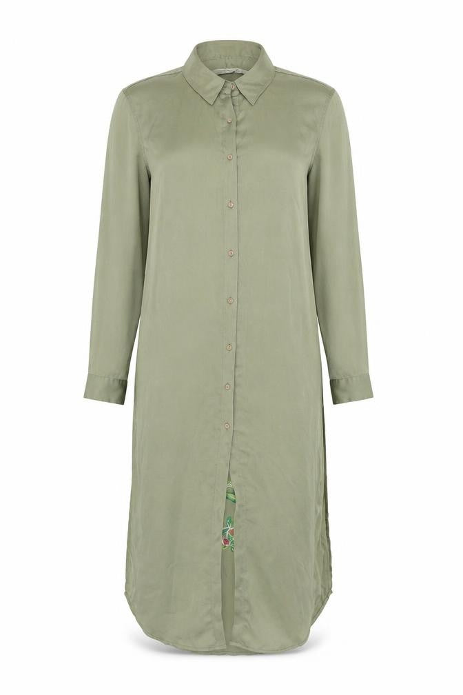 Front view of Zara Woman Green Floral Embroidered Silk Shirt Dress XS