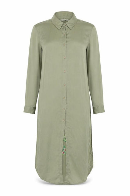 Front view of Zara Woman Green Floral Embroidered Silk Shirt Dress XS
