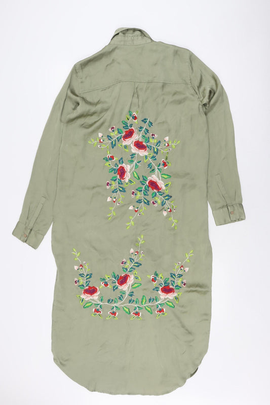 Zara Woman Green Floral Embroidered Silk Shirt Dress XS