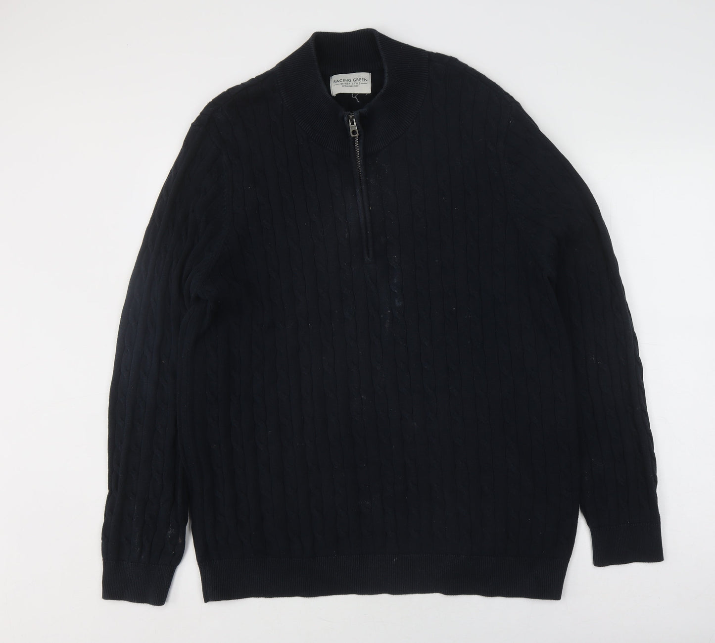 Racing Green Men's Black Full Zip Cable-Knit Jumper L