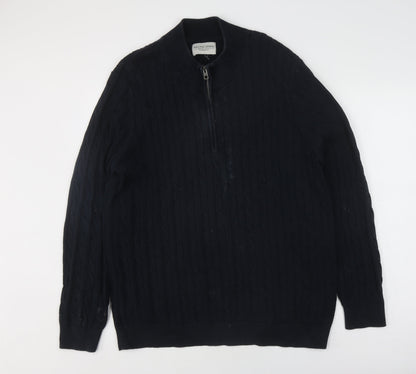 Racing Green Men's Black Full Zip Cable-Knit Jumper L