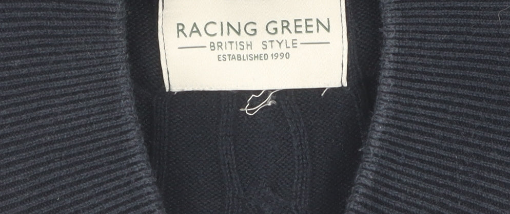 Racing Green Men's Black Full Zip Cable-Knit Jumper L