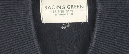 Racing Green Men's Black Full Zip Cable-Knit Jumper L