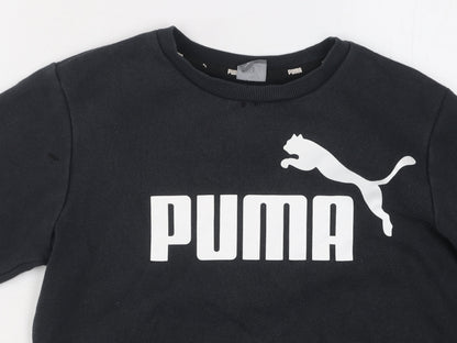 Brand and care label for Puma boys’ black graphic pullover sweatshirt 13-14 years
