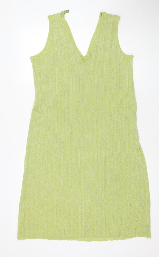 Zara Women's Green Slip Dress L - Casual Metallic Shine