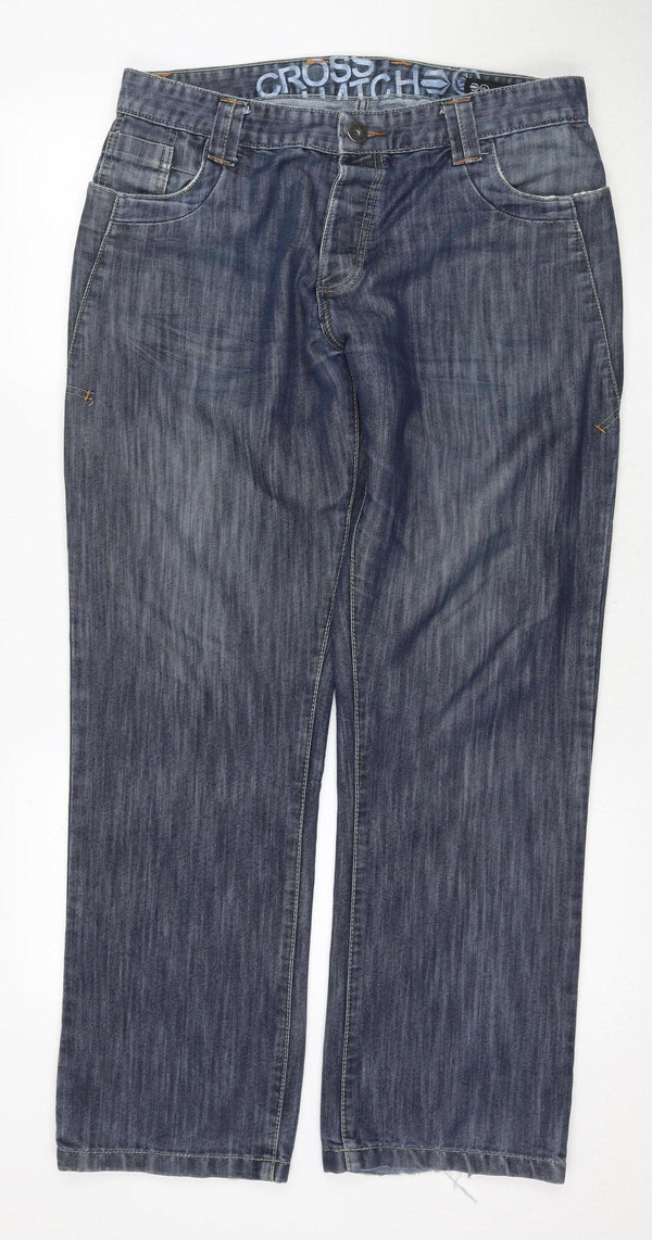 Front view of Crosshatch Blue Distressed Denim Jeans 36W 32L unisex