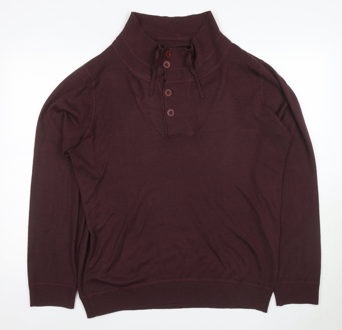 New Look Men's Brown Henley Jumper L, High Neck, Button Accent