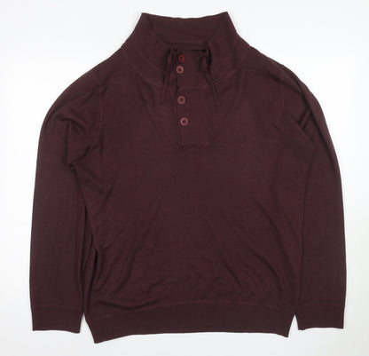 New Look Men's Brown Henley Jumper L, High Neck, Button Accent