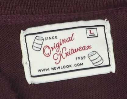 New Look Men's Brown Henley Jumper L, High Neck, Button Accent