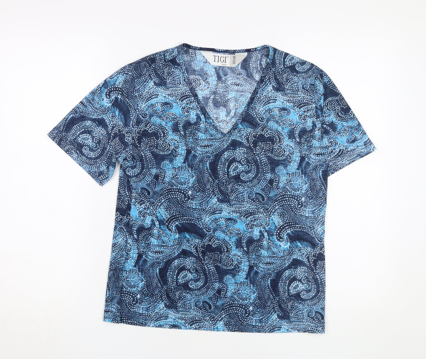 Tigi Women's Blue Geometric V-Neck T-Shirt M