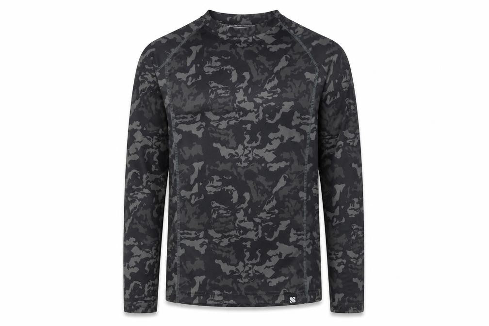 Front view of Shredz boys’ black camouflage long sleeve jersey 13 yrs