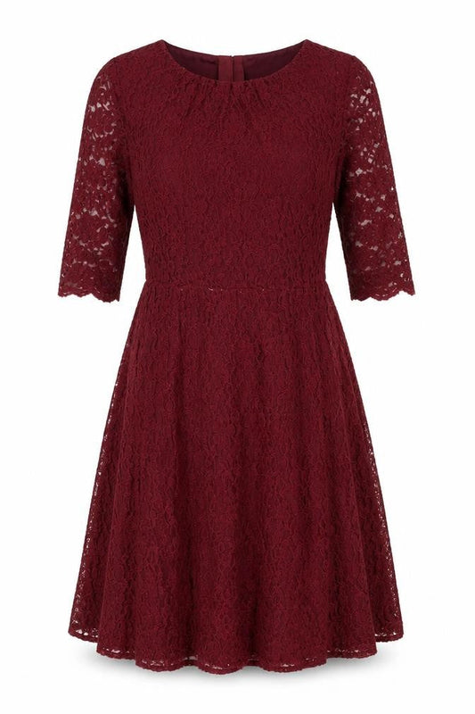 Front view of L.K. Bennett Women's Red Lace A-Line Dress, size 12