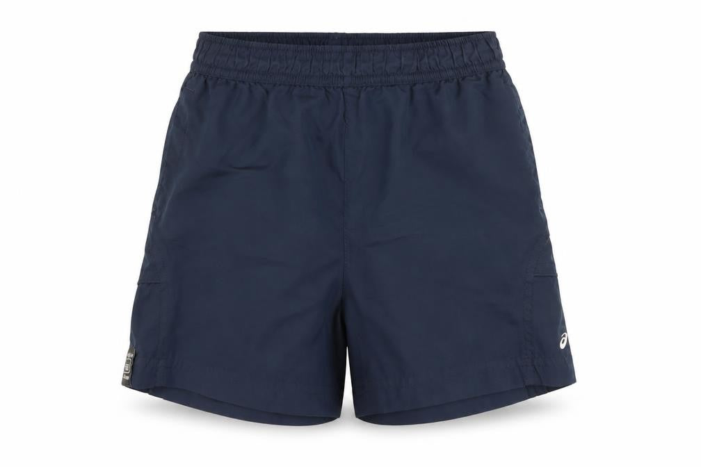 Front view of Asics boys’ blue athletic shorts 2-3 years elastic waist mesh