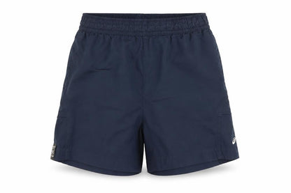 Front view of Asics boys’ blue athletic shorts 2-3 years elastic waist mesh