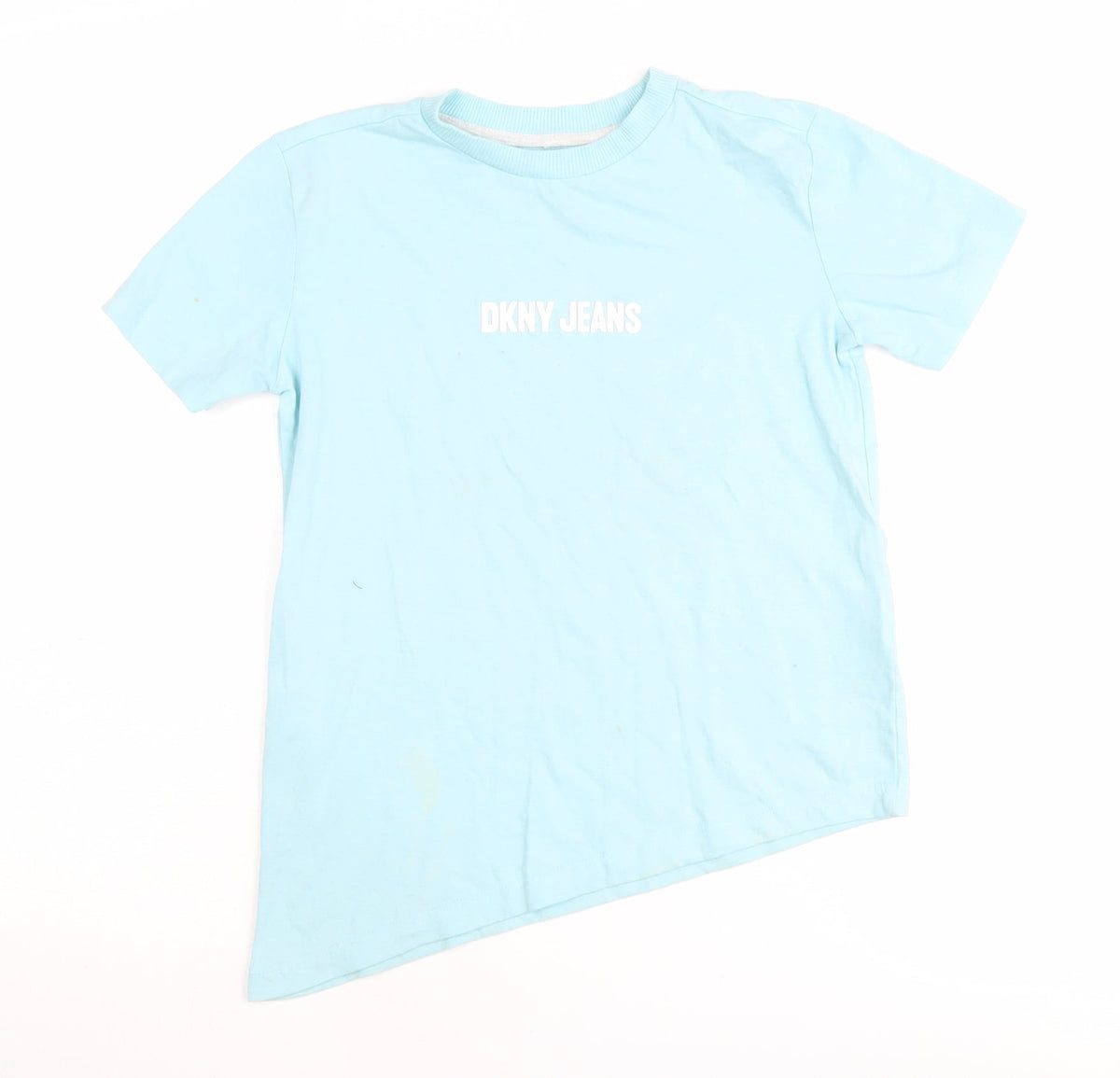 Additional front view of DKNY girls’ blue basic t-shirt, size S, logo accent