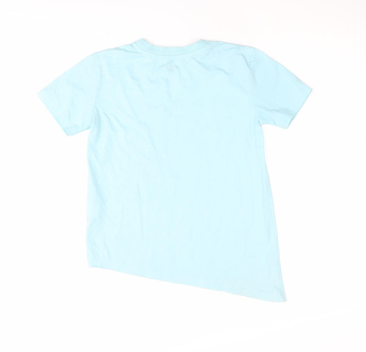 Back view of DKNY girls’ blue basic t-shirt, size S, logo accent
