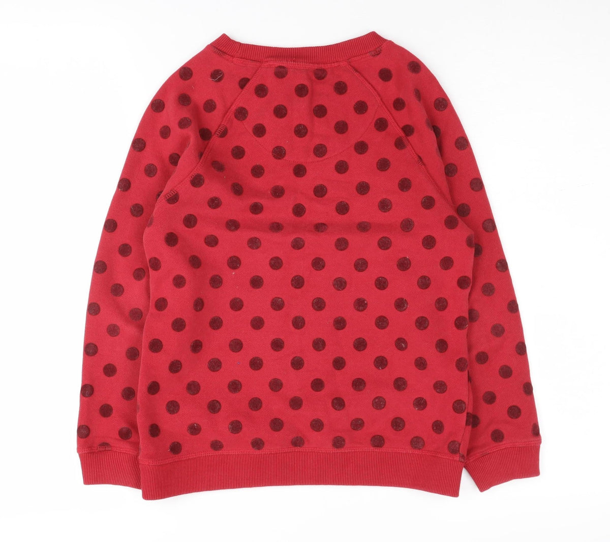 Back view of FatFace girls’ red polka dot pullover sweatshirt 8-9 years