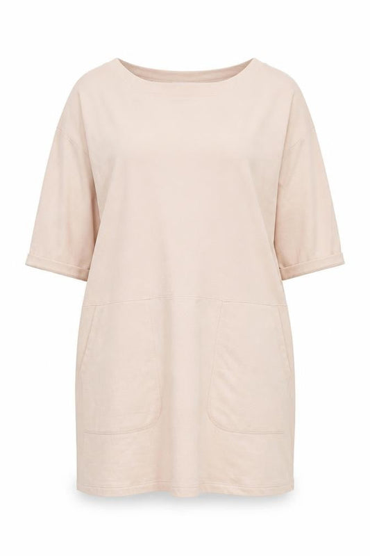 Front view of COS Women's Beige Shift Dress S, Casual Cotton Jersey