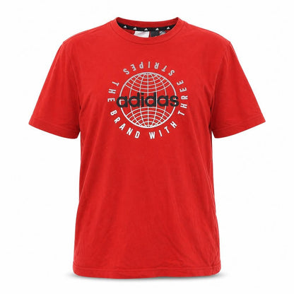 Front view of Adidas boys’ red t-shirt l short sleeve graphic logo
