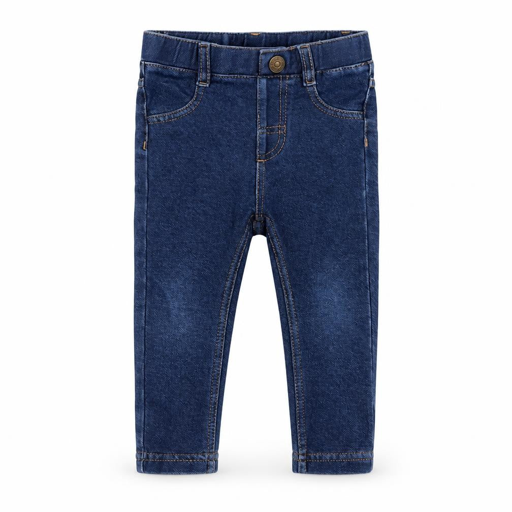Front view of unisex baby blue jeans, 12-18 months, elastic waist