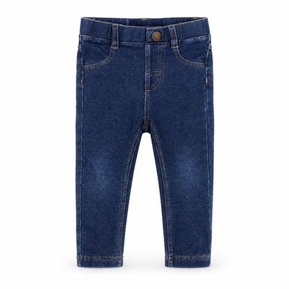 Front view of unisex baby blue jeans, 12-18 months, elastic waist