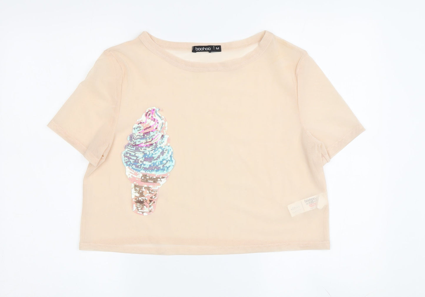 Boohoo Women's Beige Sequin T-Shirt - Size M
